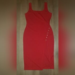 Red Midi Bodycon Dress with Side Stud Button Detail